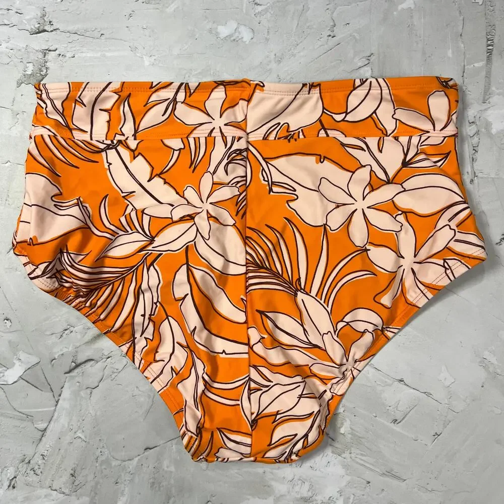 Kona Sol Tropical Bikini Bottom Size L High Waist Orange Pink Swim Bottom NWOT